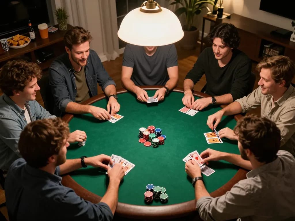 Friends engaging in poker gameplay at home showcasing LLwin's strategic card gaming experience and social camaraderie.