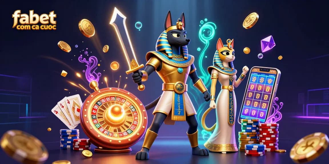 Engage with fabet com ca cuoc in a vibrant casino scene with Anubis and Bastet emphasizing winning strategies.
