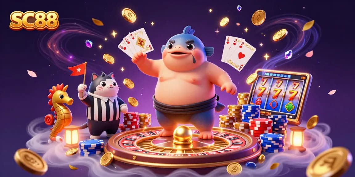 Engage with SC88's thrilling casino atmosphere, featuring dynamic 3D characters celebrating gaming.