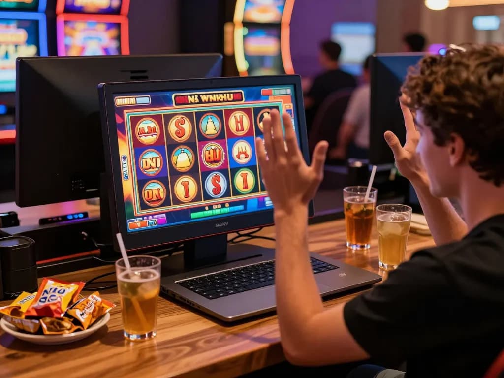 Nổ hũ player celebrating a big win in an online casino gaming setup at home