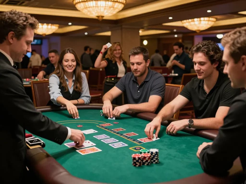 Players immersed in an exciting blackjack game at XX88 casino, showcasing strategic gameplay and vibrant atmosphere