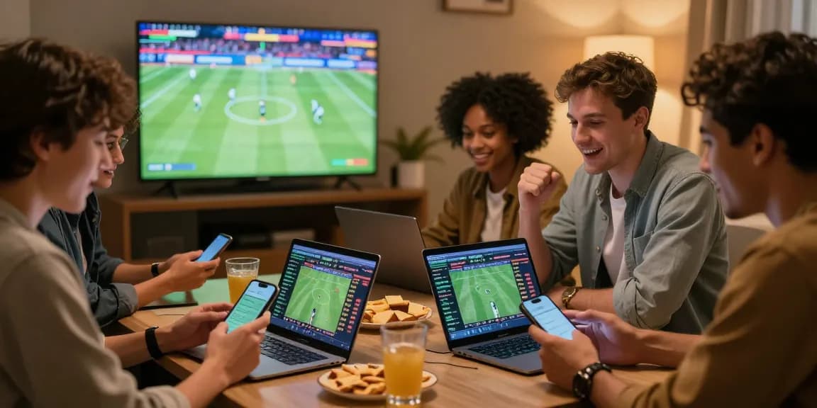 Friends enjoying sports betting with 22Bet on smartphones and laptops.