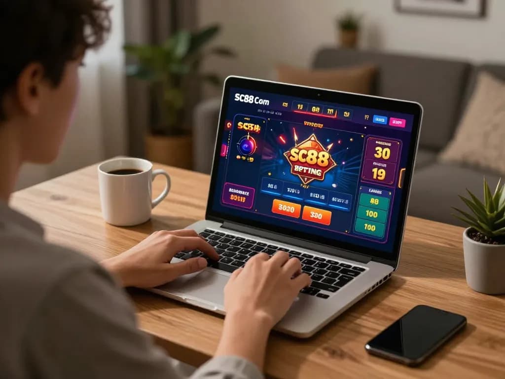 Engaged user interacting with SC88 Com while online betting in a stylish home office setting.