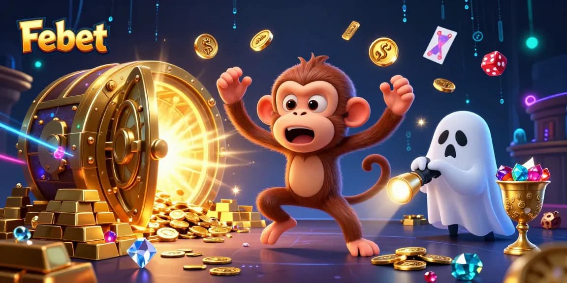 Febet casino illustration showcasing a playful monkey juggling golden tokens in a haunted setting.