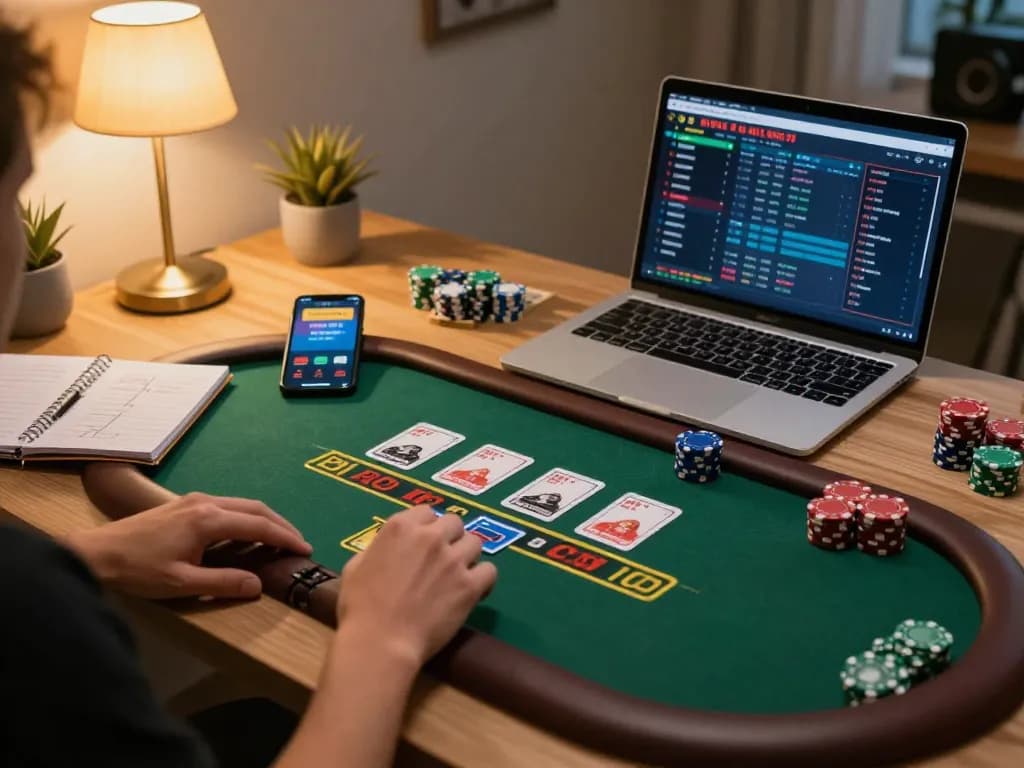 Player enjoying cm88game online blackjack with strategies visible in cozy home setting.