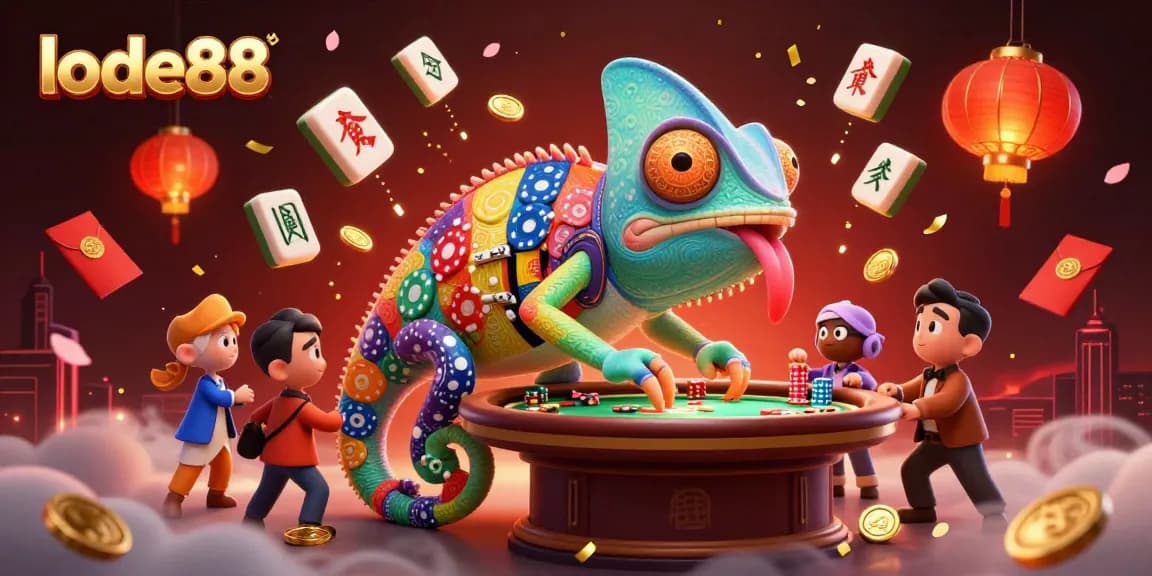 Experience the excitement at lode88 with a vibrant casino scene showcasing a colorful chameleon owner.