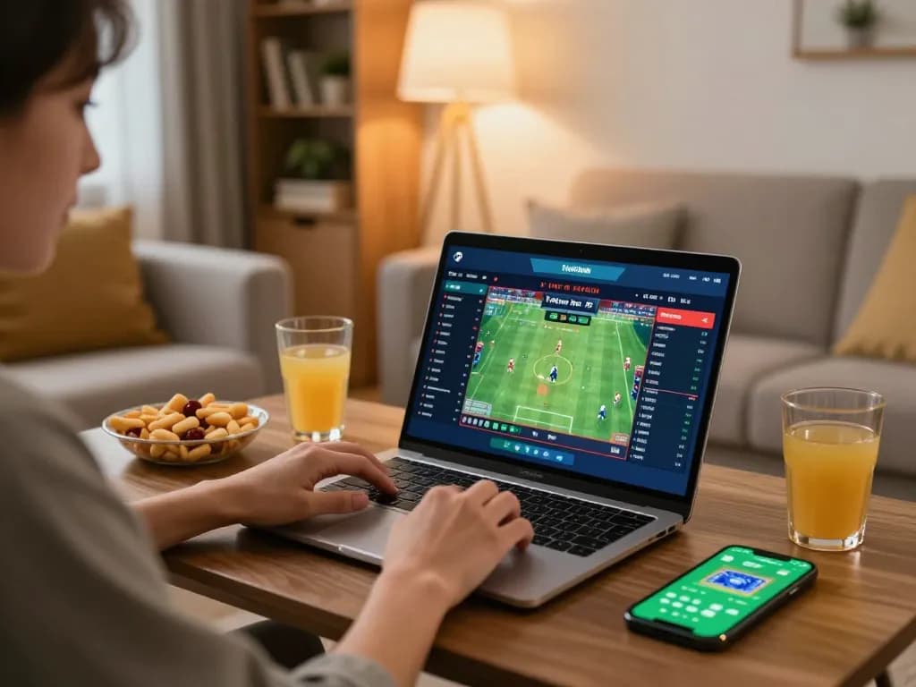 The person monitors tỷ lệ kèo nhà cái 5 on a laptop during an online sports betting session.