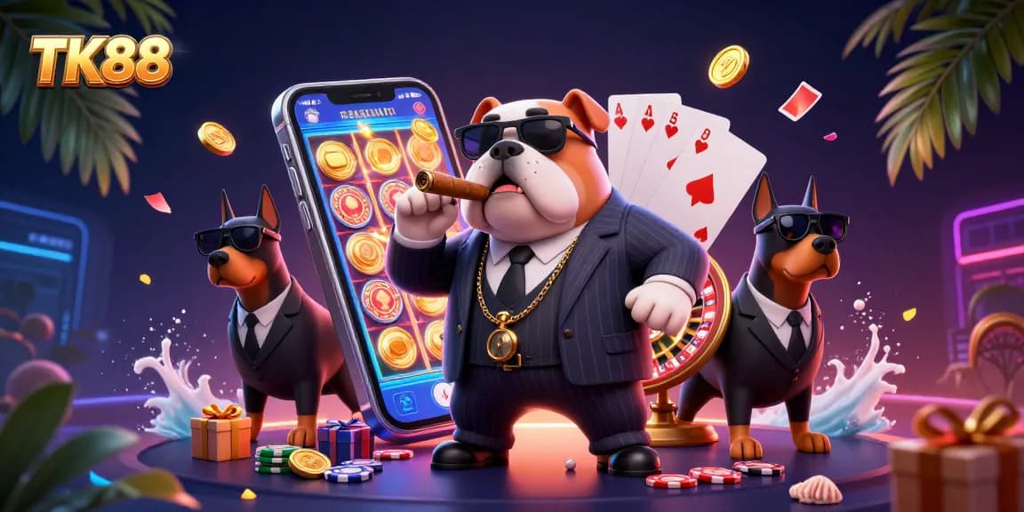 Experience thrilling gaming with TK88's vibrant casino scene featuring a bulldog boss and slot games.