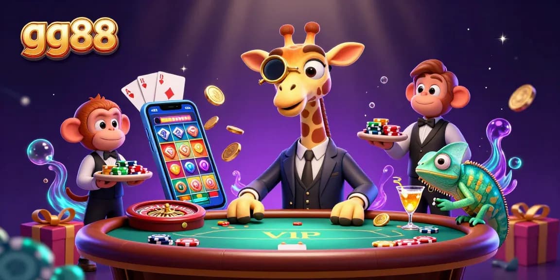 Experience exciting gameplay with gg88 as a high-roller giraffe, monkey valet, and chameleon bartender in a vibrant casino environment.