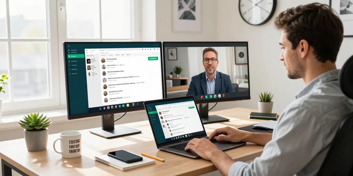 Engaged user on WhatsApp電腦版 in a modern home office showcasing collaboration and productivity.