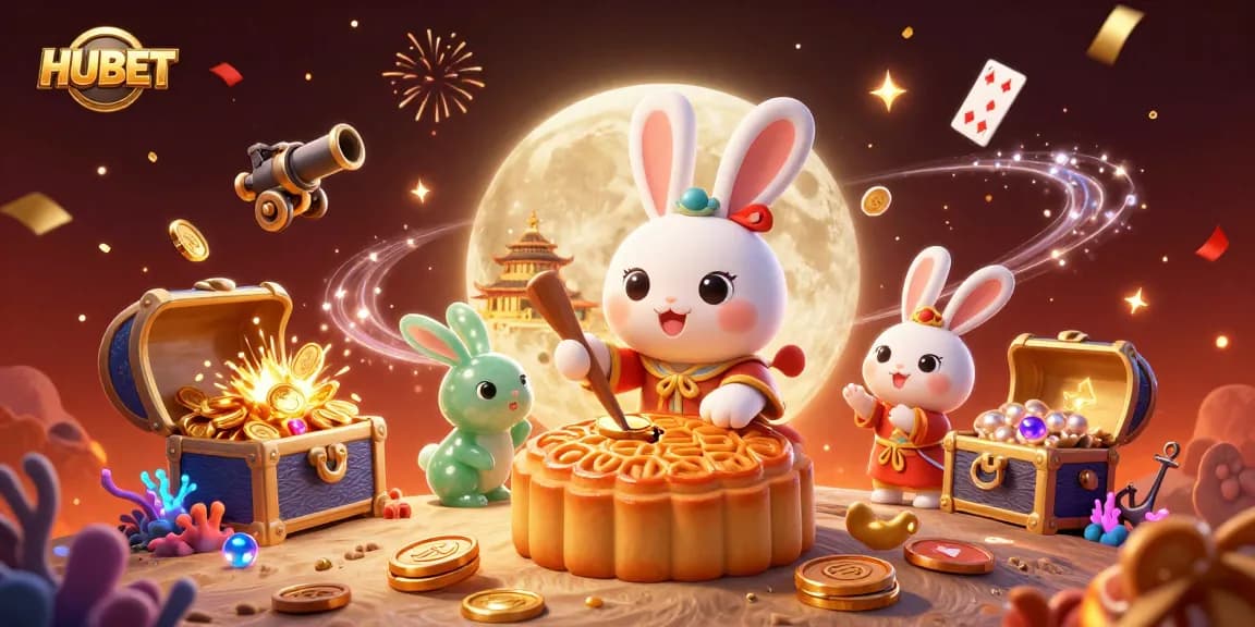 Engage with HUBET's thrilling online gaming, featuring a festive moon rabbit scene with poker chips.