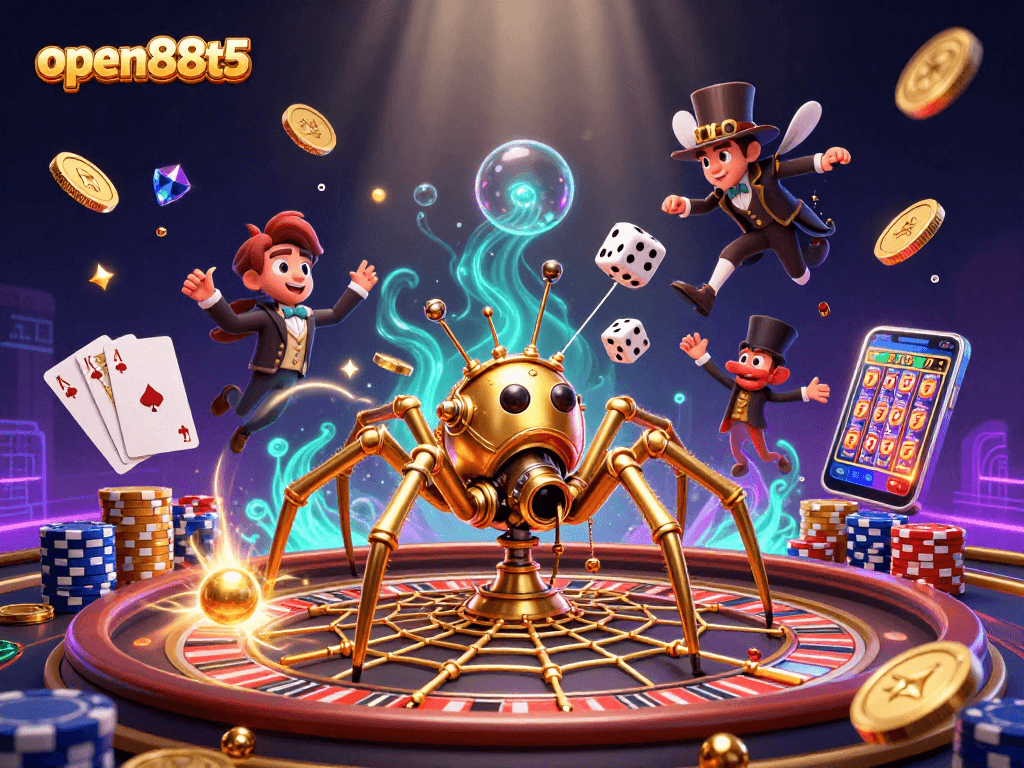 Engage with open88t5 and discover exciting gaming elements amidst a vibrant 3D casino scene.