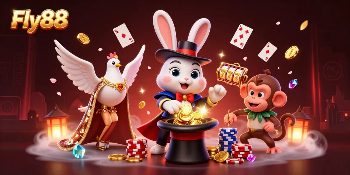 Experience the magic of Fly88 with a 3D cartoon magician rabbit pulling coins amidst vibrant casino elements.