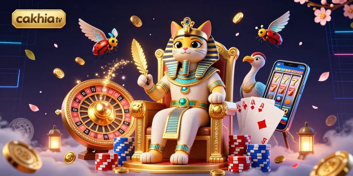 Cakhia tv showcases an exciting 3D scene with dynamic coins, playing cards, and the Egyptian pharaoh cat amidst thrilling casino elements.