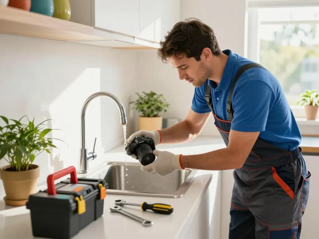 Servicios para el hogar confiables con un hombre de mantenimiento arreglando un fregadero en una cocina moderna y luminosa.