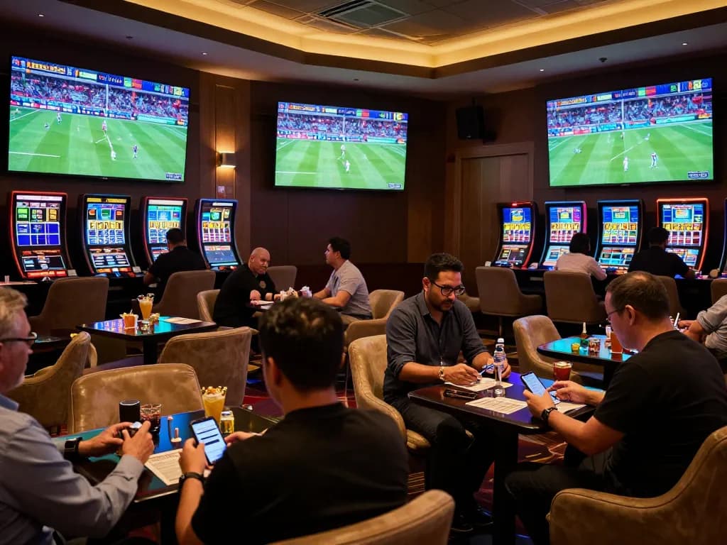 Engaged bettors reviewing Keo nha cai 5 betting slips in a vibrant casino sports lounge
