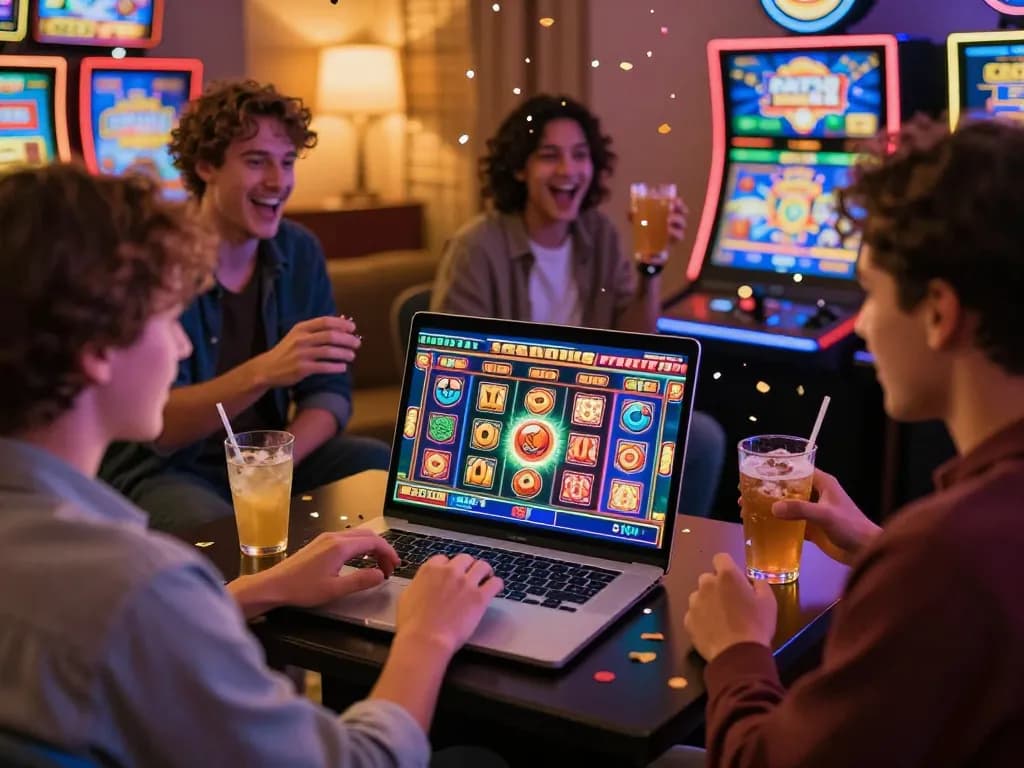 Players enjoying slot gacor on a laptop at home, celebrating wins in a vibrant atmosphere.