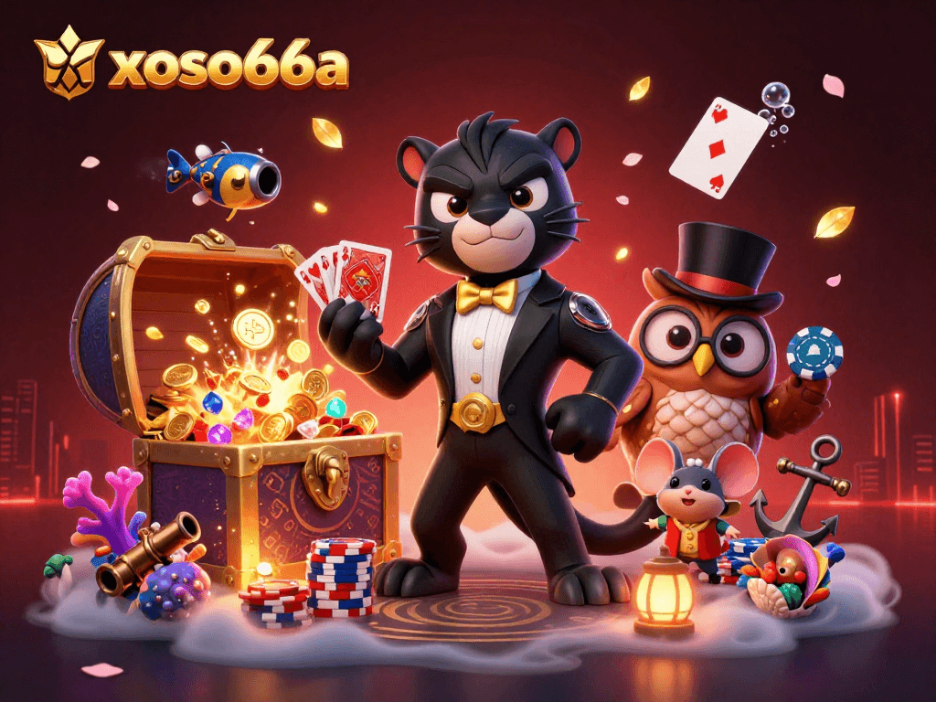 Engage in dynamic gaming with xoso66a's vibrant scene featuring a tuxedoed panther and friends.