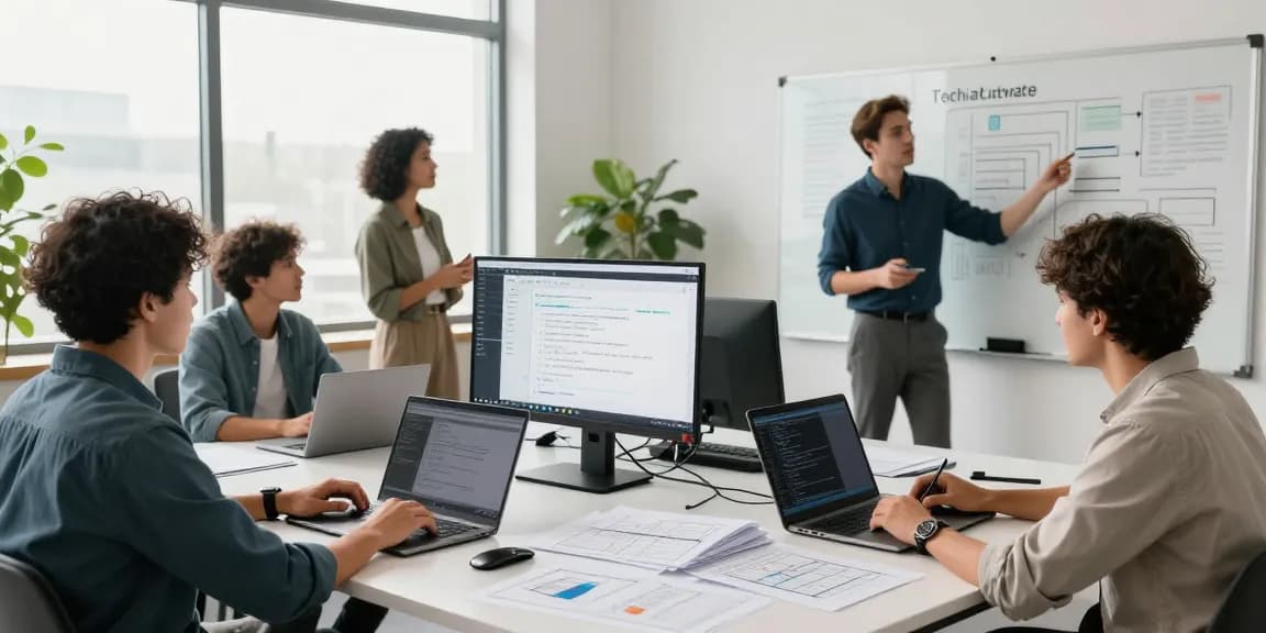 Build internal tools with AI by a collaborative team working on innovative software projects in a modern office space.