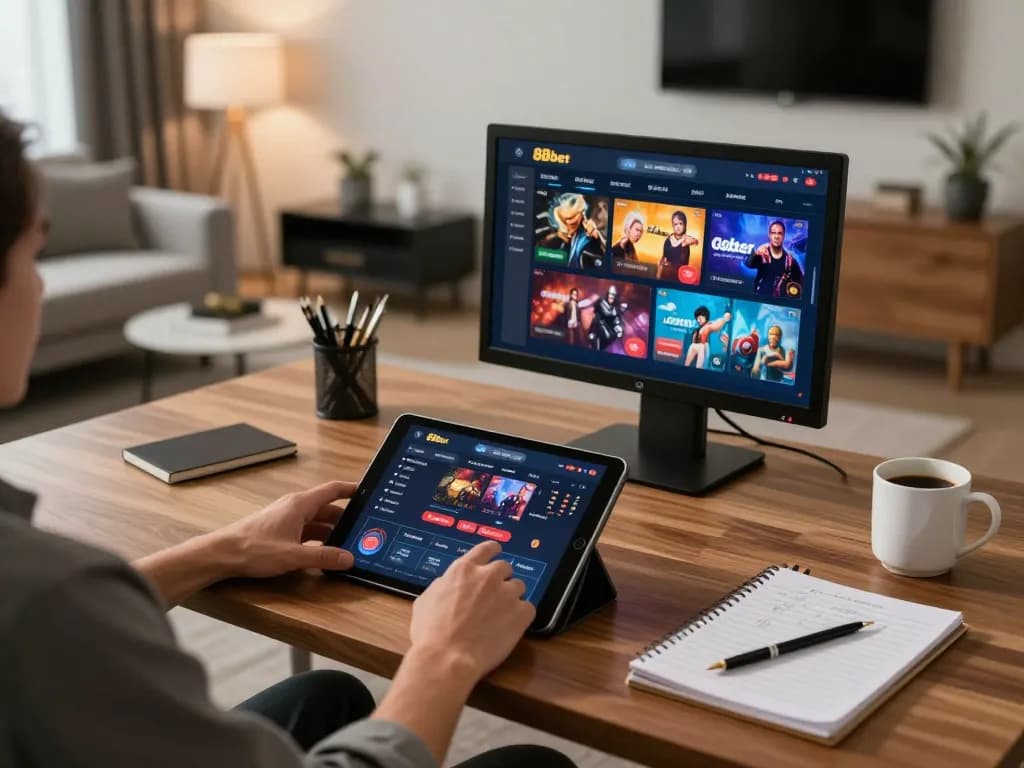 Engaging in online gambling with nhà cái 88bet on a tablet, showcasing a modern gaming setup