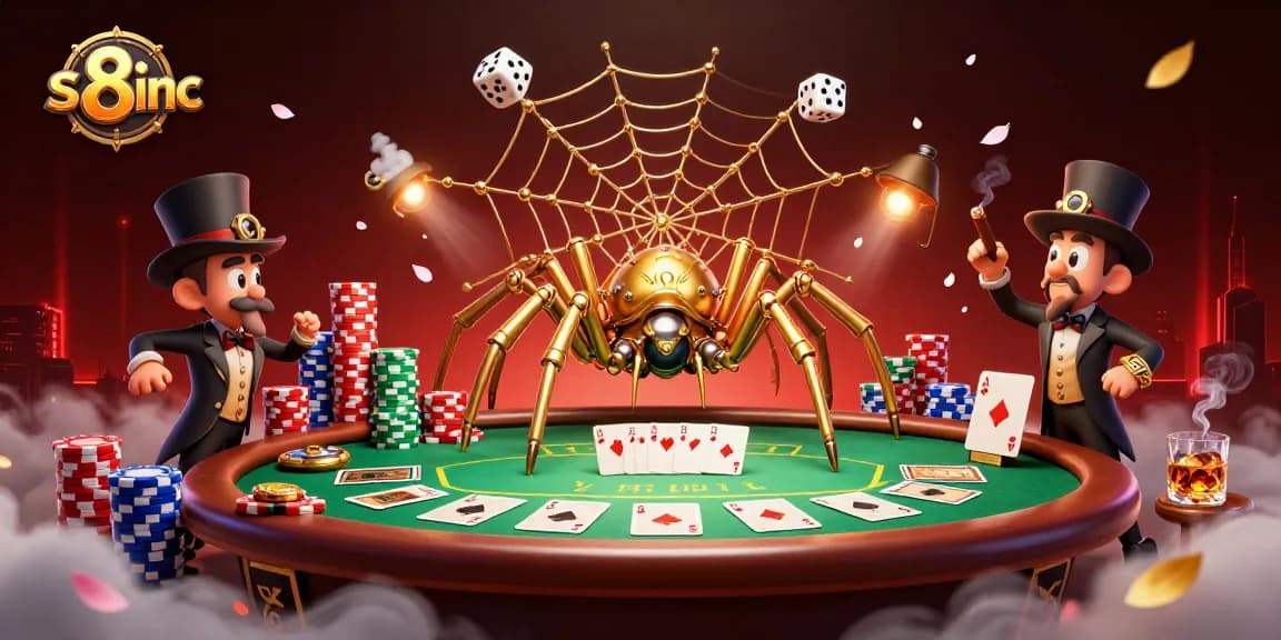Experience thrilling games at s8inc with a vibrant steampunk-themed 3D illustration of poker action.