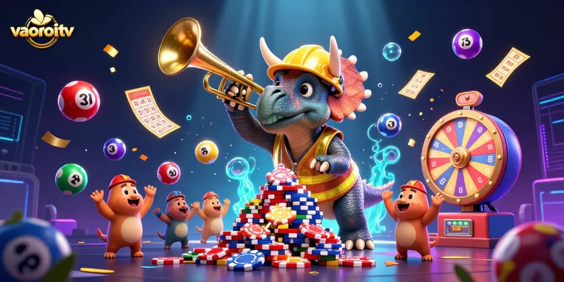 Bet on the excitement with vaoroitv as a triceratops builds poker chip pyramids amidst lottery balls and celebration.