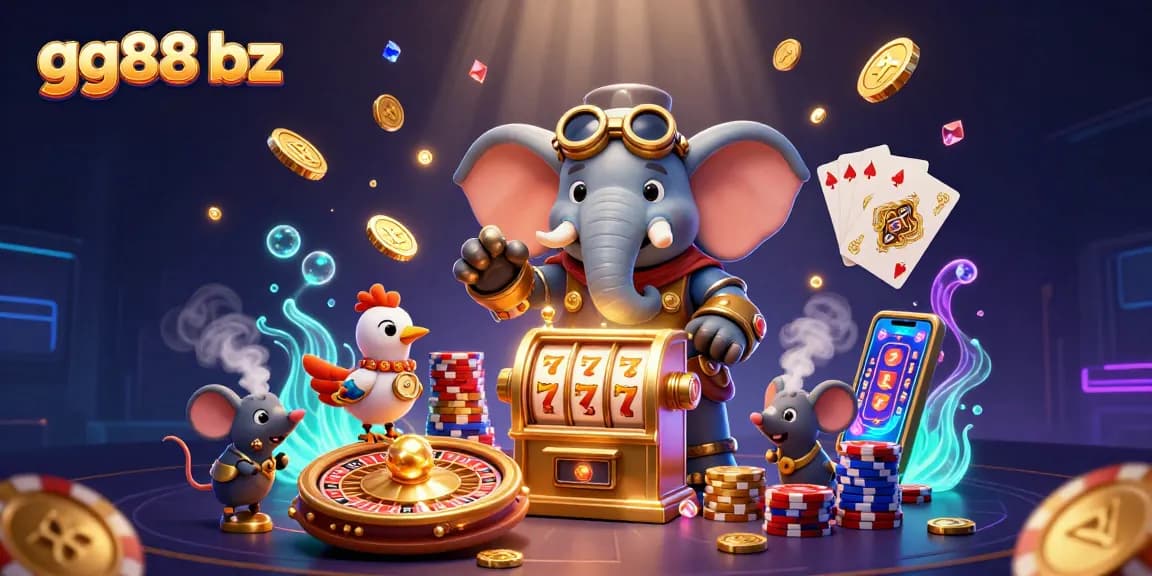 Spin the golden slot machine and win with gg88 bz, featuring vibrant 3D characters and casino elements.