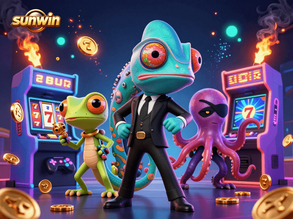 Sunwin's vibrant 3D illustration showcases a chameleon and gecko amid casino elements, engaging players in gaming excitement.