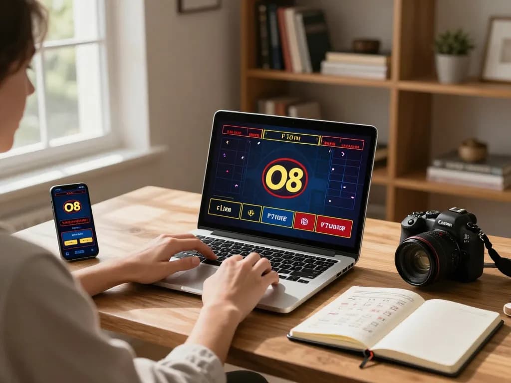 Person engaged with O8 online casino app during home gaming session, illustrating strategic betting.