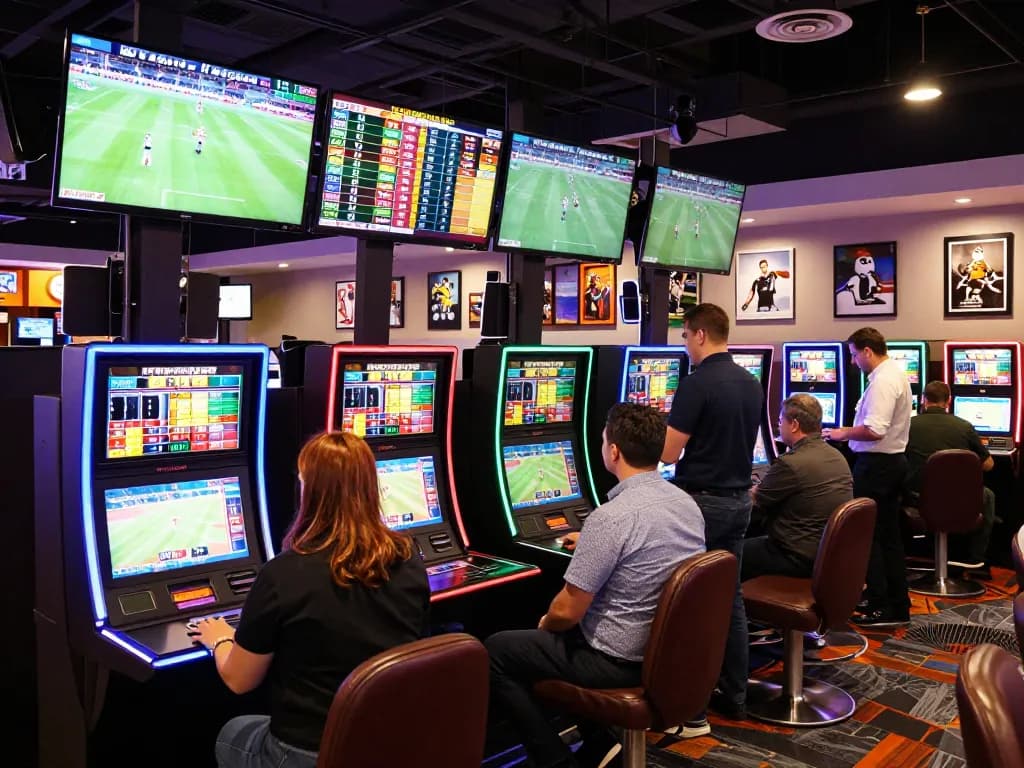 Engaged bettors checking tỷ lệ kèo on screens in a lively casino's sports betting area