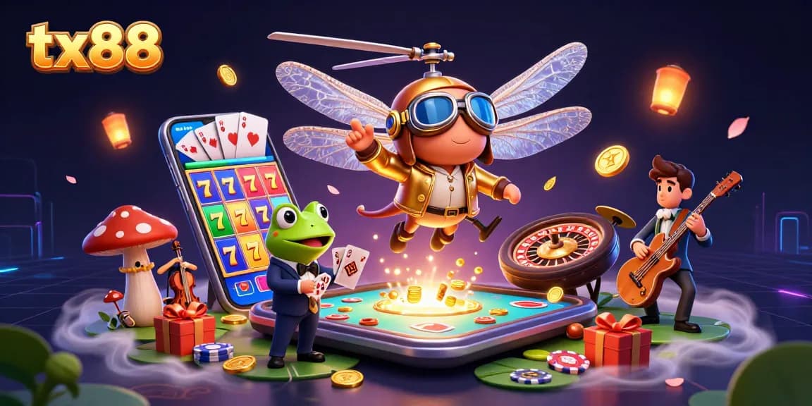 Bring your TX88 game to life with vibrant casino action featuring a dragonfly pilot and frog dealer!