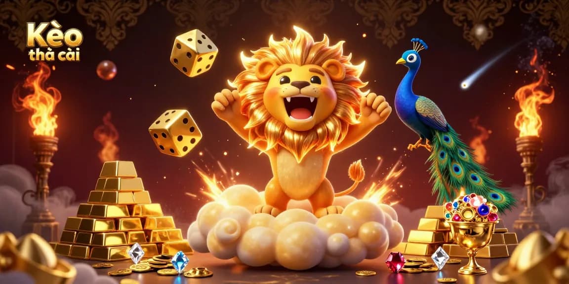 Kèo nhà cái showcases a roaring lion and dynamic gambling elements surrounded by treasures in a vibrant casino scene.