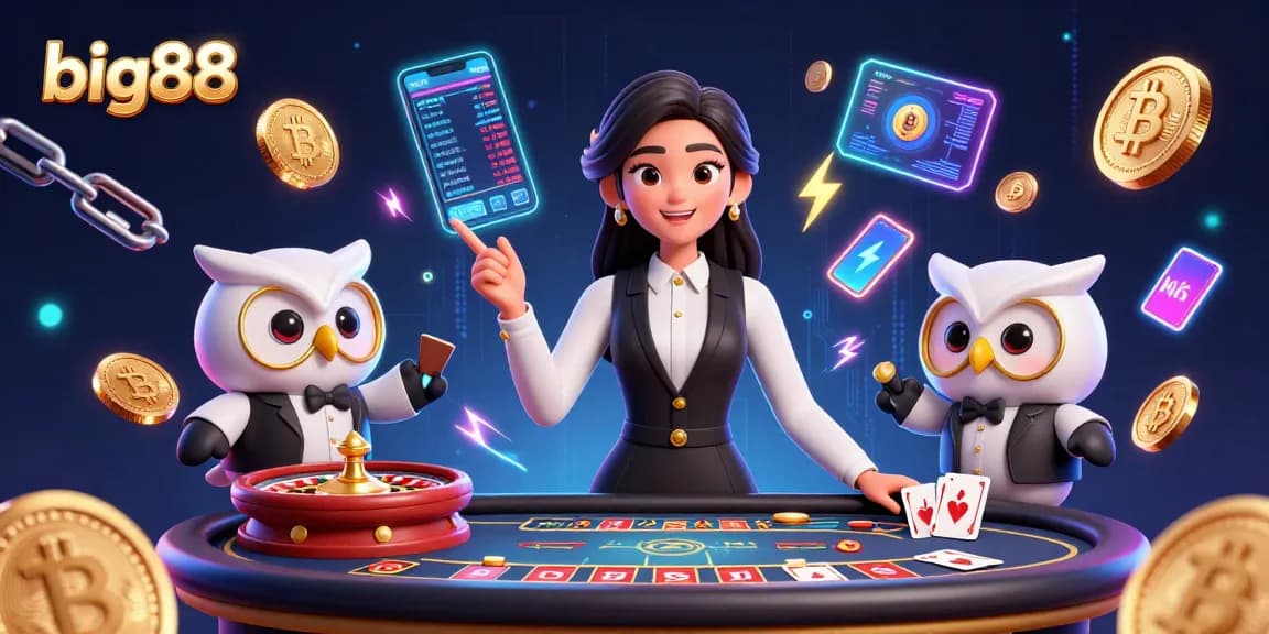 Experience big88 with a skilled dealer at a baccarat table, enhanced by crypto elements.
