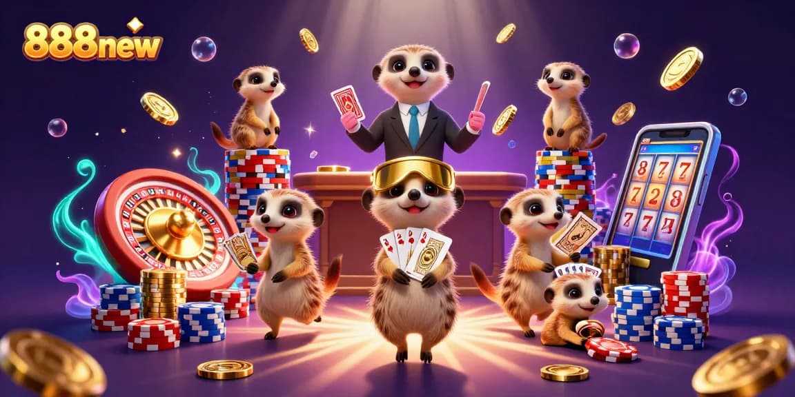 Play exciting games at 888new with captivating meerkats running a vibrant casino operation showcasing colorful chips and dynamic elements.