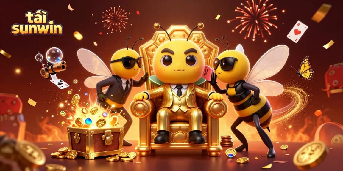 Tải sunwin with a bumblebee mob boss in a casino-themed scene full of gold coins and fireworks.