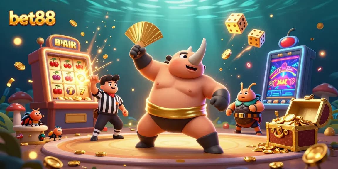 Witness the excitement of bet88 casino with a sumo beetle champion amidst a jackpot explosion of coins and vibrant game elements.