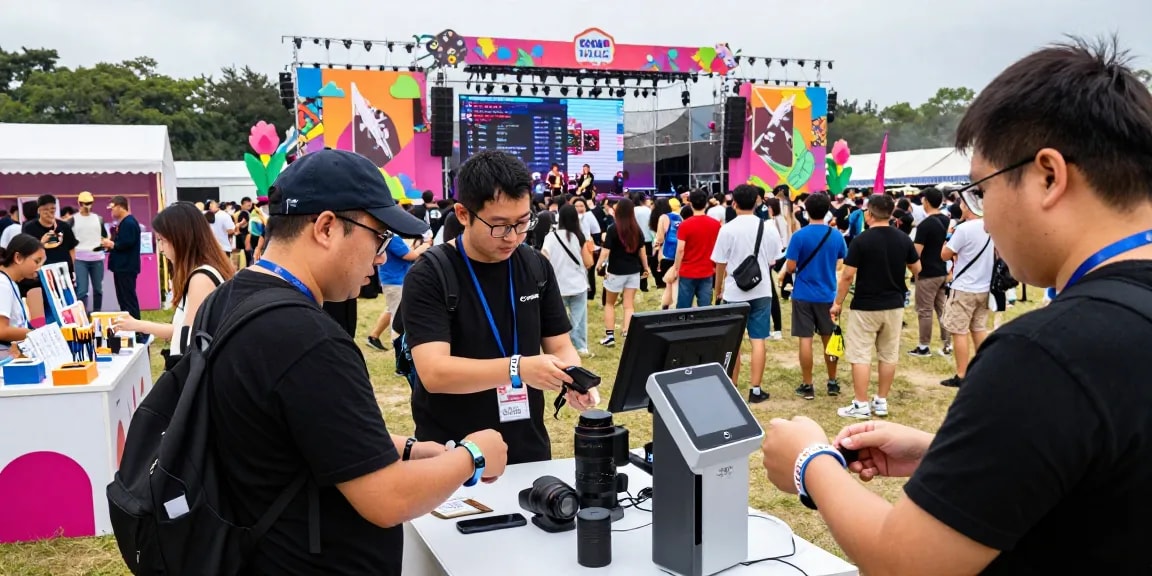 Effortless access control with pulseras electrónicas para eventos at a lively festival showcasing vibrant activities and attendee engagement.
