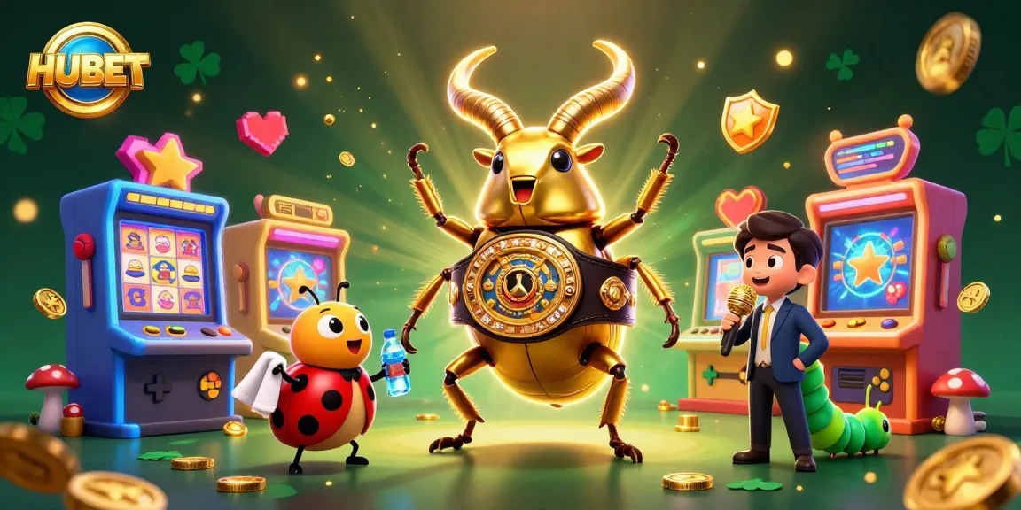 Engage with HUBET's vibrant 3D illustration showing colorful slot games and playful characters.