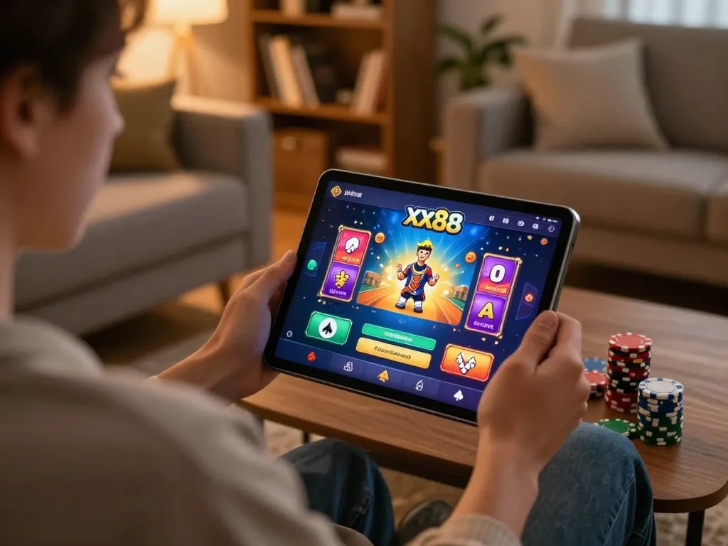 Person enjoying online gambling on the xx88 platform in a cozy living room.