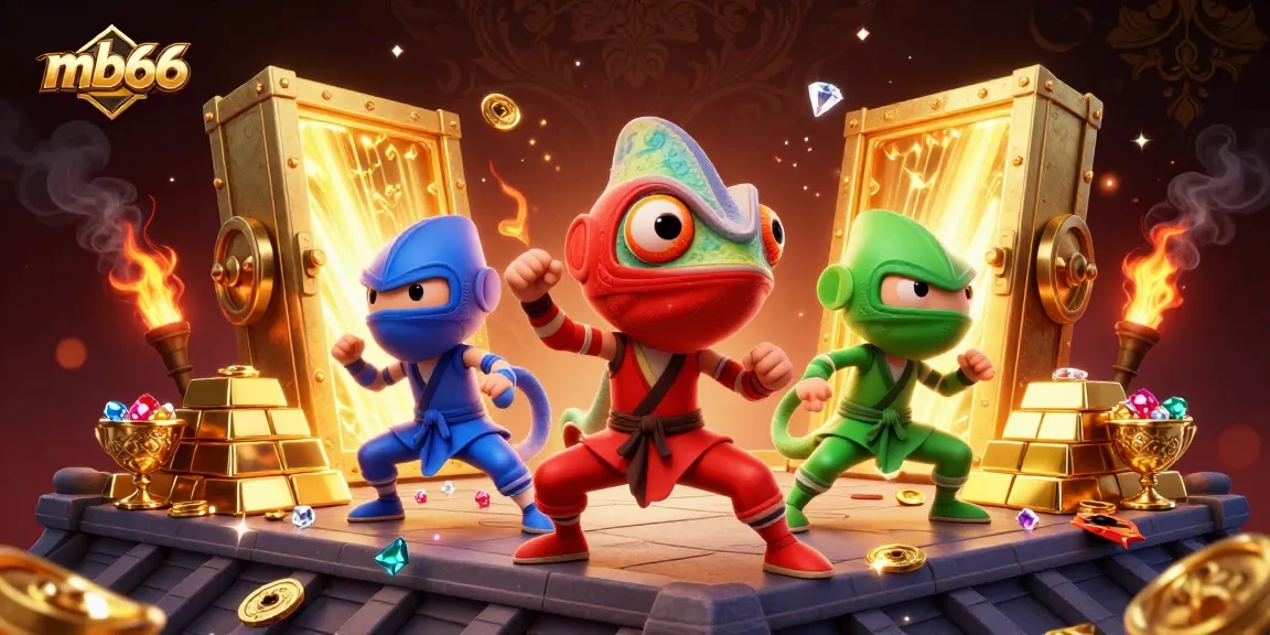 Experience the thrill of mb66 as a chameleon ninja team performs in a dazzling 3D casino scene.