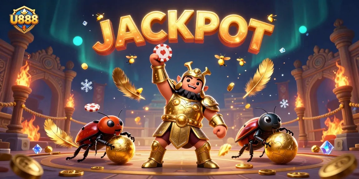 U888 hercules beetle celebrating a jackpot victory with dazzling casino elements.