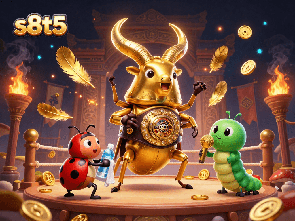 Watch the s8t5 battle unfold in this vibrant casino scene with a golden beetle champion.