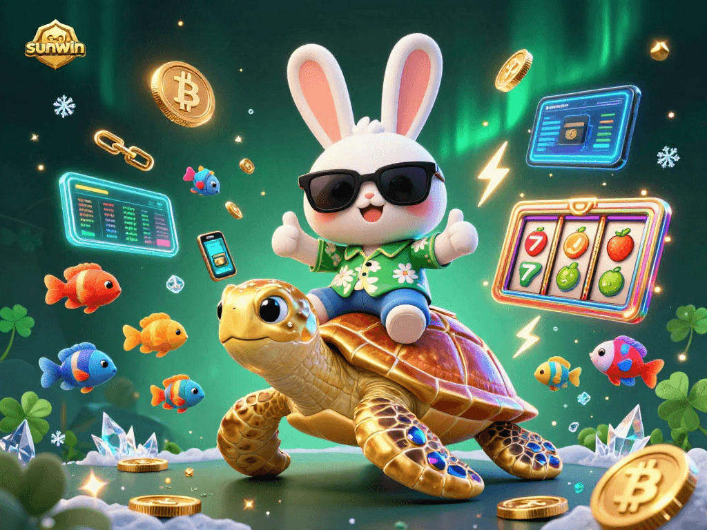 Experience fun and wins with sunwin in a vibrant 3D casino scene featuring crypto elements.