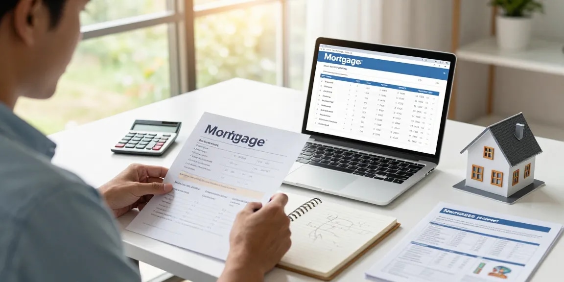 Comparador hipotecas scene with individual using mortgage calculator at desk.