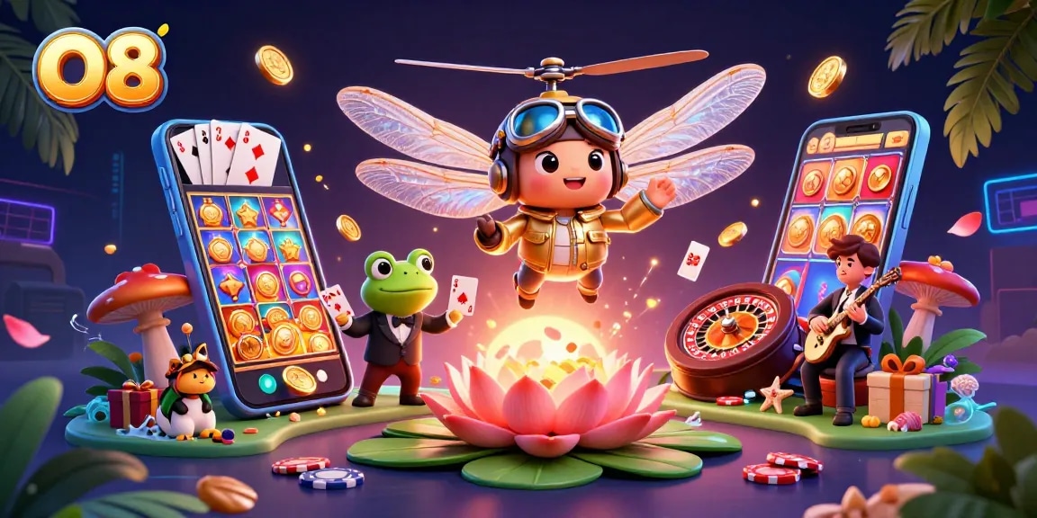 Engage with O8's dynamic gaming scene featuring lively characters and vibrant casino elements.