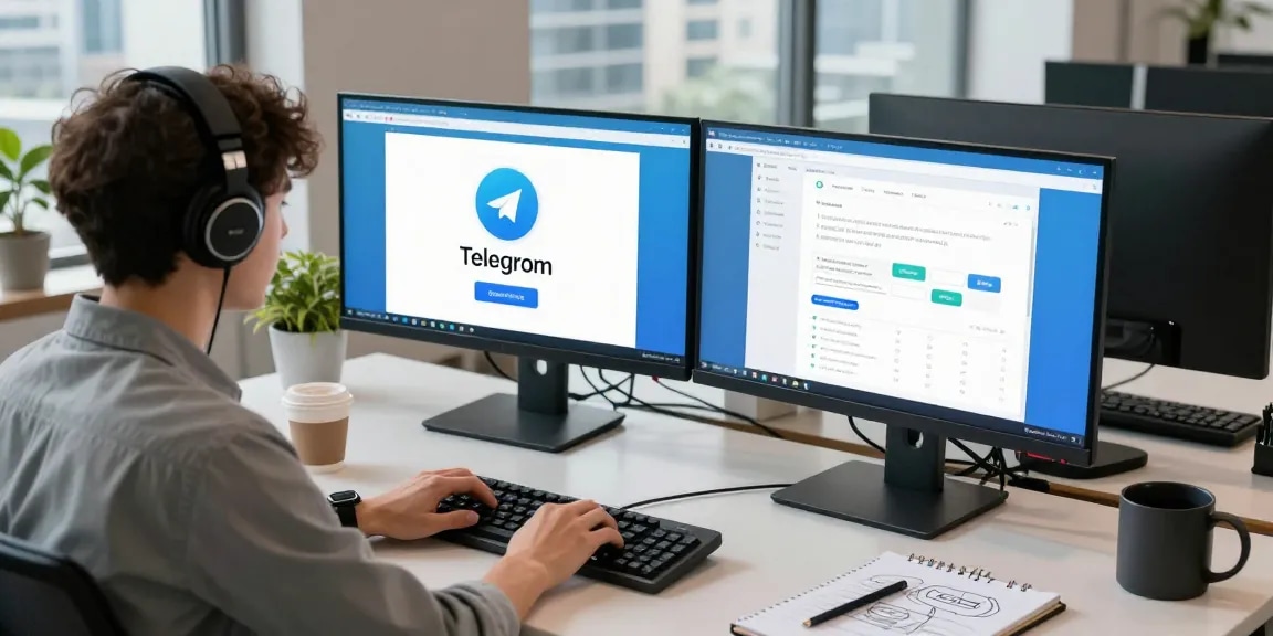 Young developer using Telegram网页版 in a modern tech workspace, showcasing productivity.
