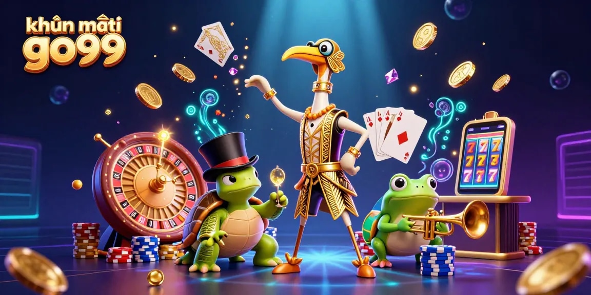 Engage with exciting khuyến mãi go99 in this vibrant casino-themed illustration showcasing fun characters and dynamic gaming elements.
