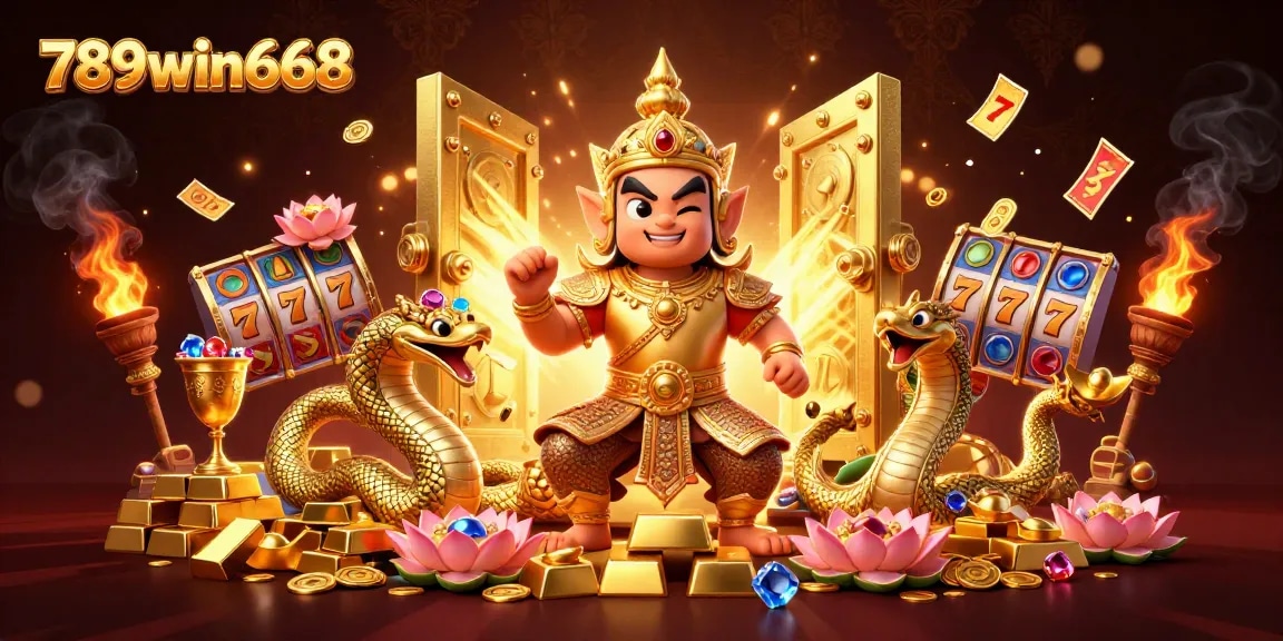 Experience thrilling slots at 789win668 with a vibrant 3D illustration showcasing golden treasures and casino gameplay.