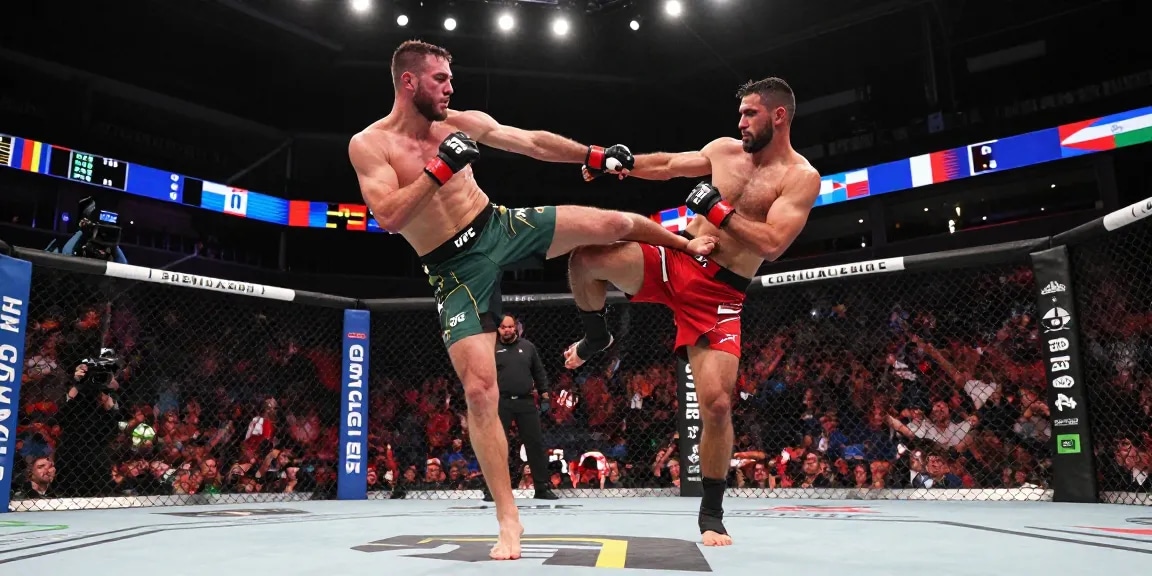 Acción UFC hoy con peleadores en combate, energía del público