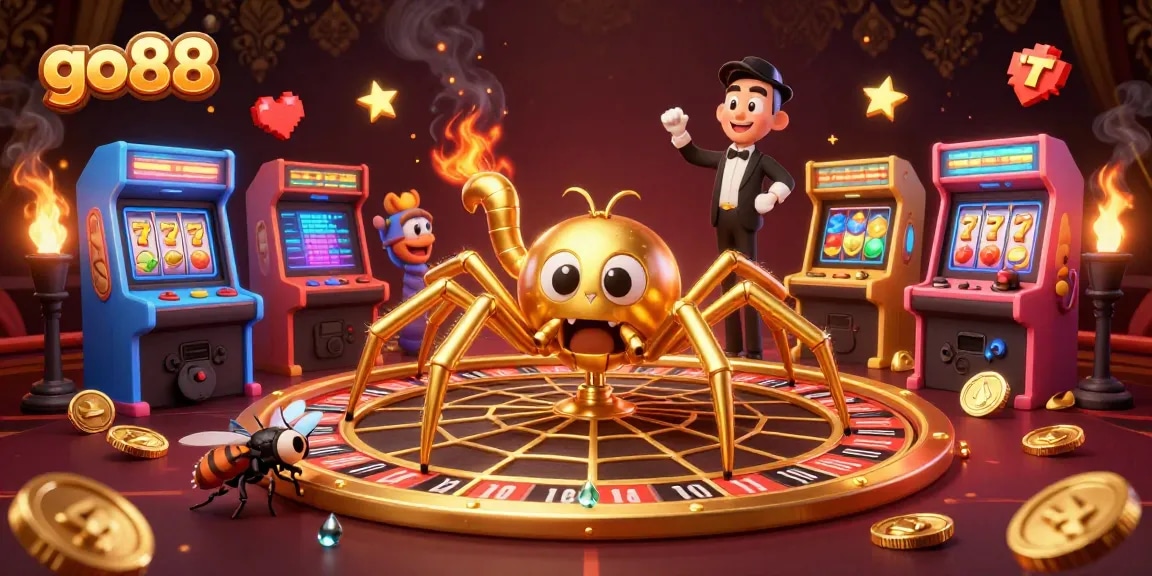 Place winning bets with go88's golden spider spinning roulette in a vibrant casino scene